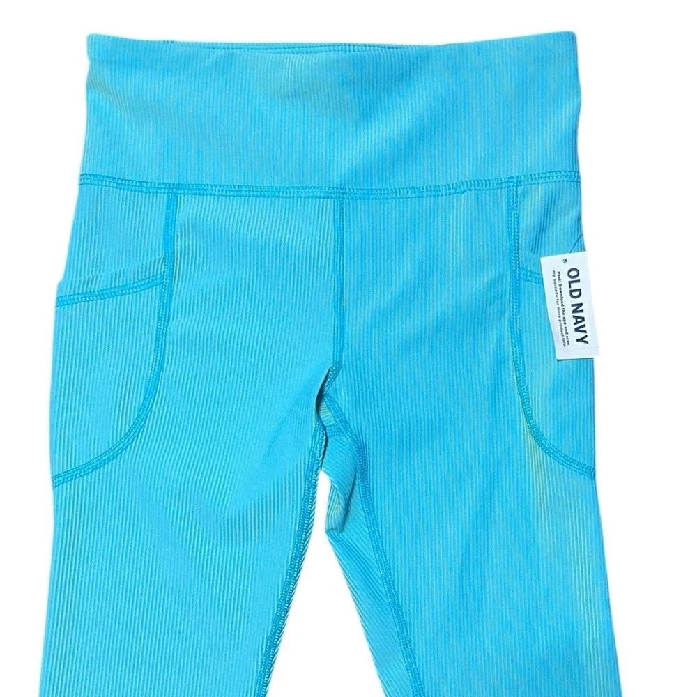 Old Navy NEW PowerSoft Go-Dry High-Rise Leggings Turquoise Lime Pinstripe Size 8